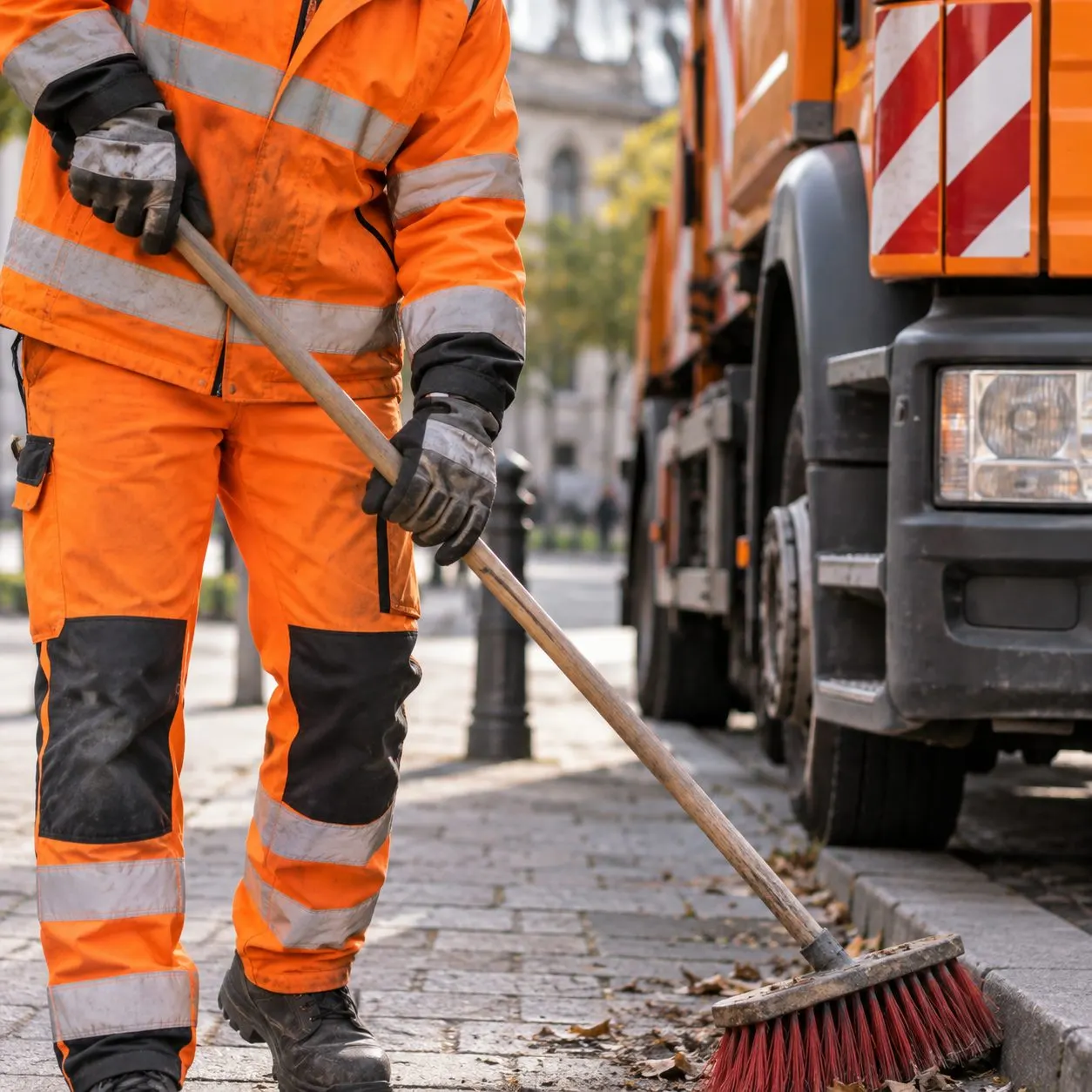 Mitarbeiter der Straßenreinigung in Warnschutzkleidung mit Kehrbesen